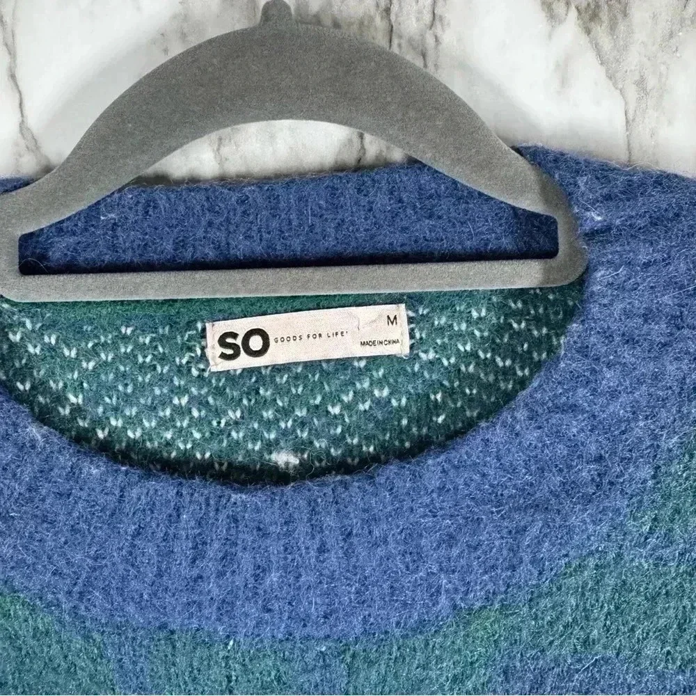 SO Women's Crew Neck Long Sleeve Plaid Faux Fur Pullover Sweater Green/Blue M
